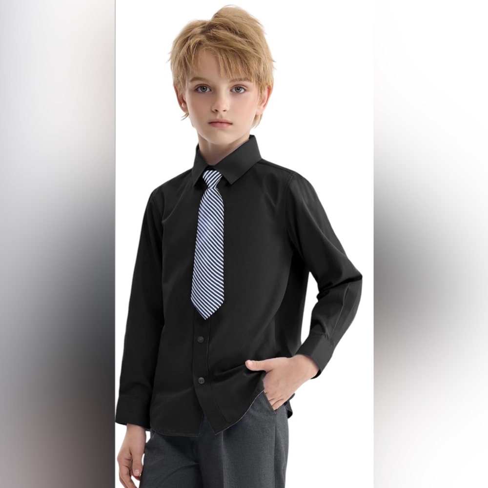 Kids Black Dress Shirt with Striped Tie, Size 160